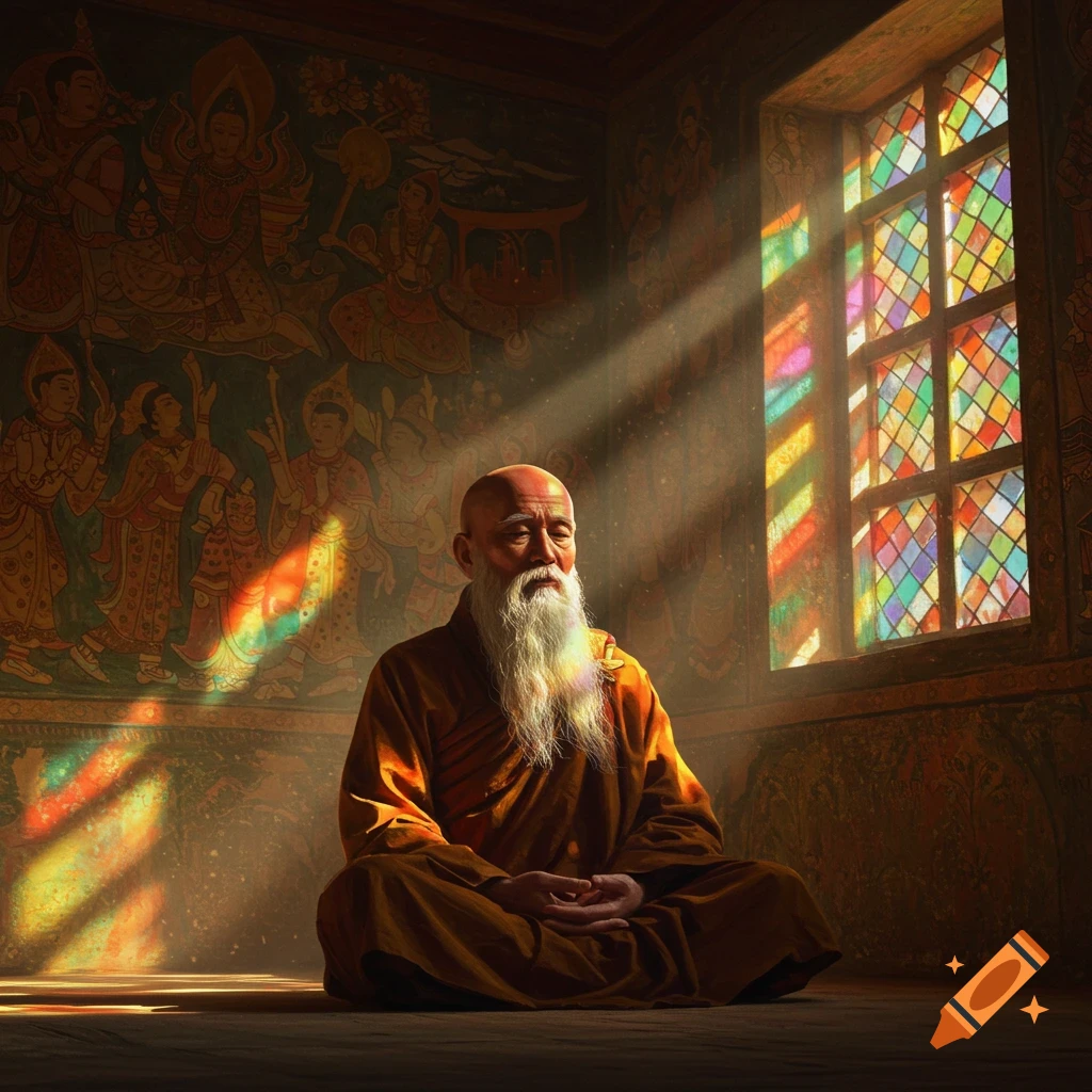 A bald, bearded monk meditates in a sunlit room with colorful stained glass and ancient wall murals.