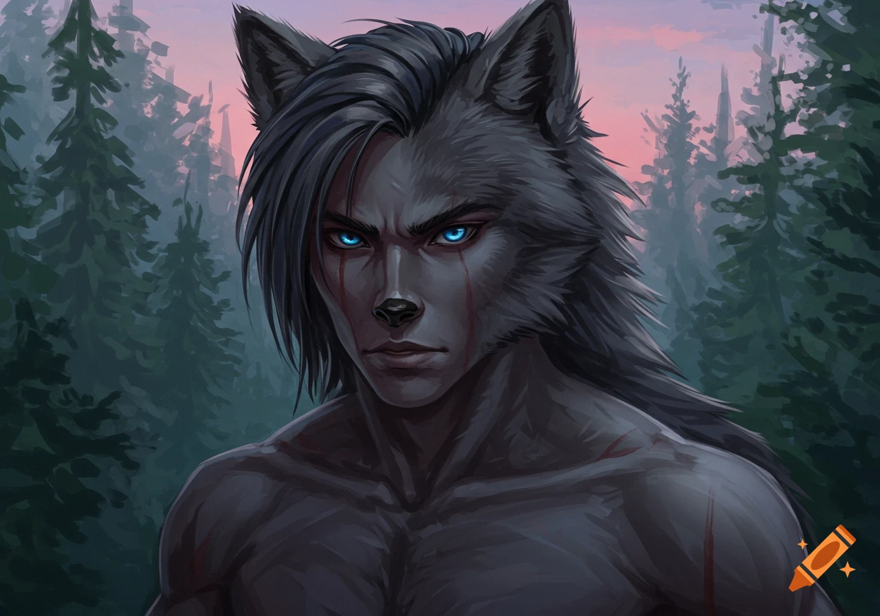 Digital painting of a muscular humanoid wolf with blue eyes standing in a forest at sunset.