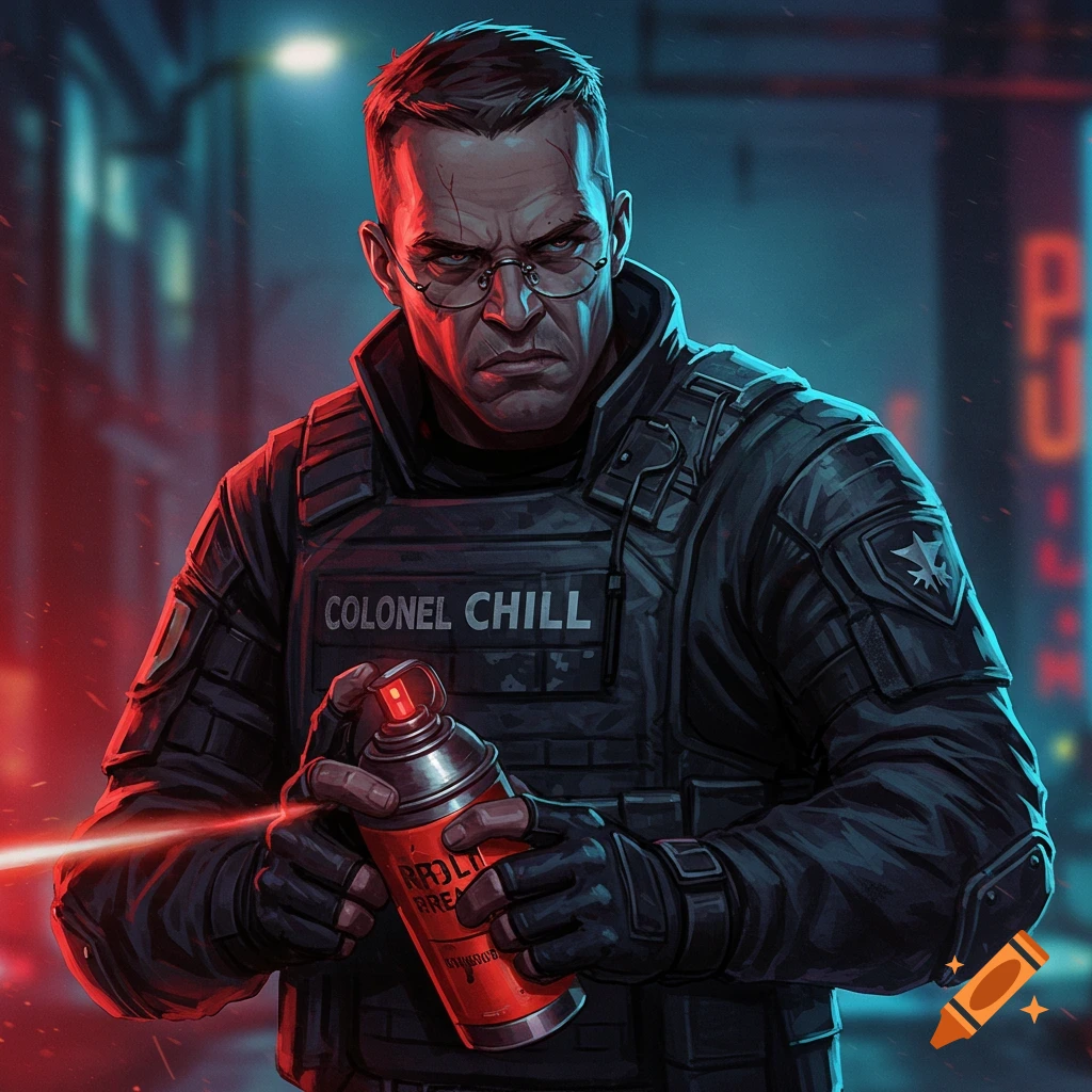 A man in tactical gear holds a red spray can in a city street with neon lighting, digital art