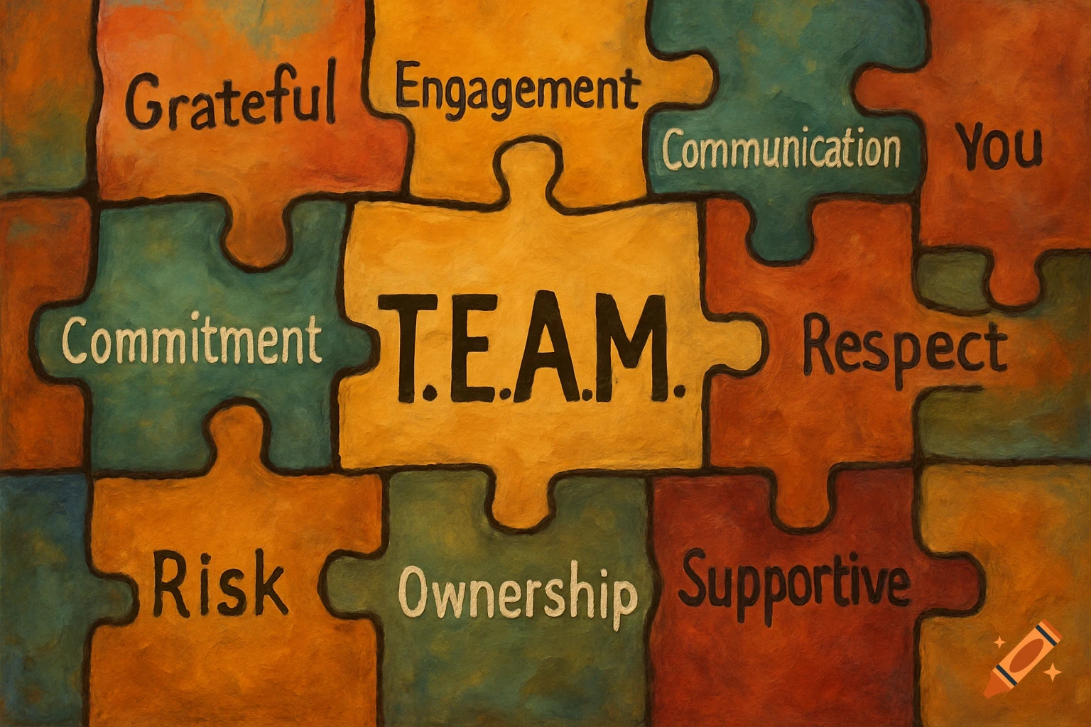Textured painting of colorful jigsaw puzzle pieces with words like TEAM, Grateful, Commitment, and Respect written on them.