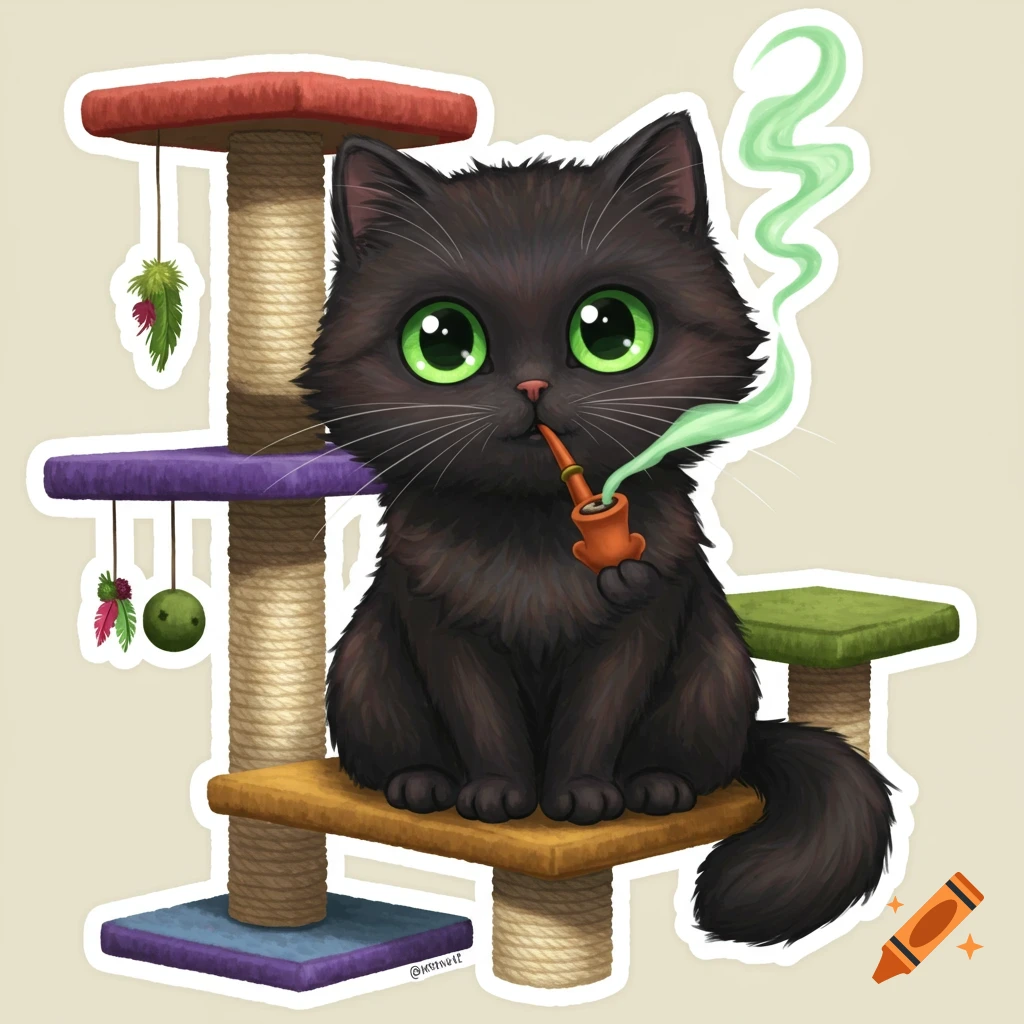 Cartoon sticker illustration of a cute black cat sitting on a cat tree and smoking a pipe.