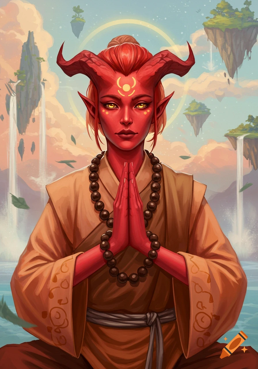 Red-skinned tiefling woman monk meditating in a serene fantasy landscape with floating islands.