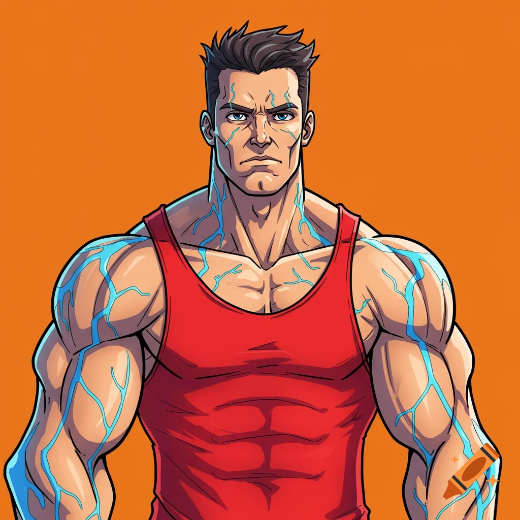 Cartoon illustration of a muscular man with spiky hair wearing a red tank top, blue veins visible on his arms and chest.
