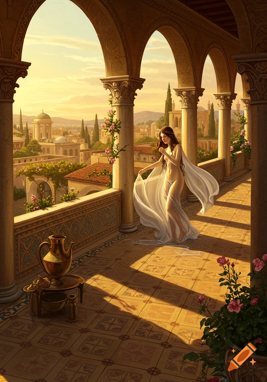 Woman in sheer veil on ornate balcony overlooks sunlit city.