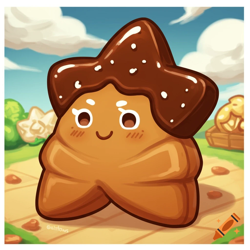 A cute, cartoon chocolate star fruit character smiling on a path.