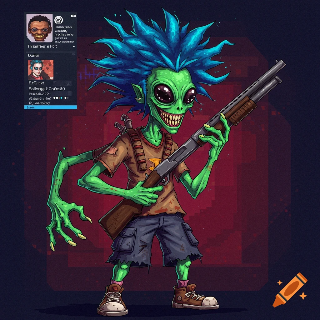 Cartoon green alien with spiky blue hair and large eyes holds a shotgun.