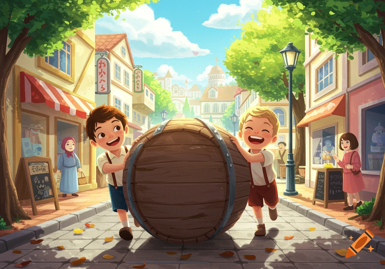 Two smiling boys push a large wooden barrel down a sunny street in a town, illustration style.