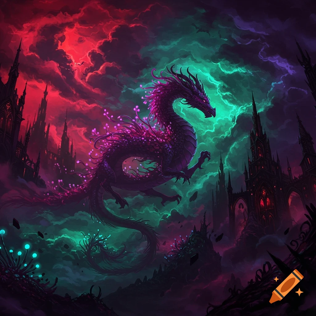 A vibrant purple dragon flies over dark castles in a red and green stormy sky, fantasy art.