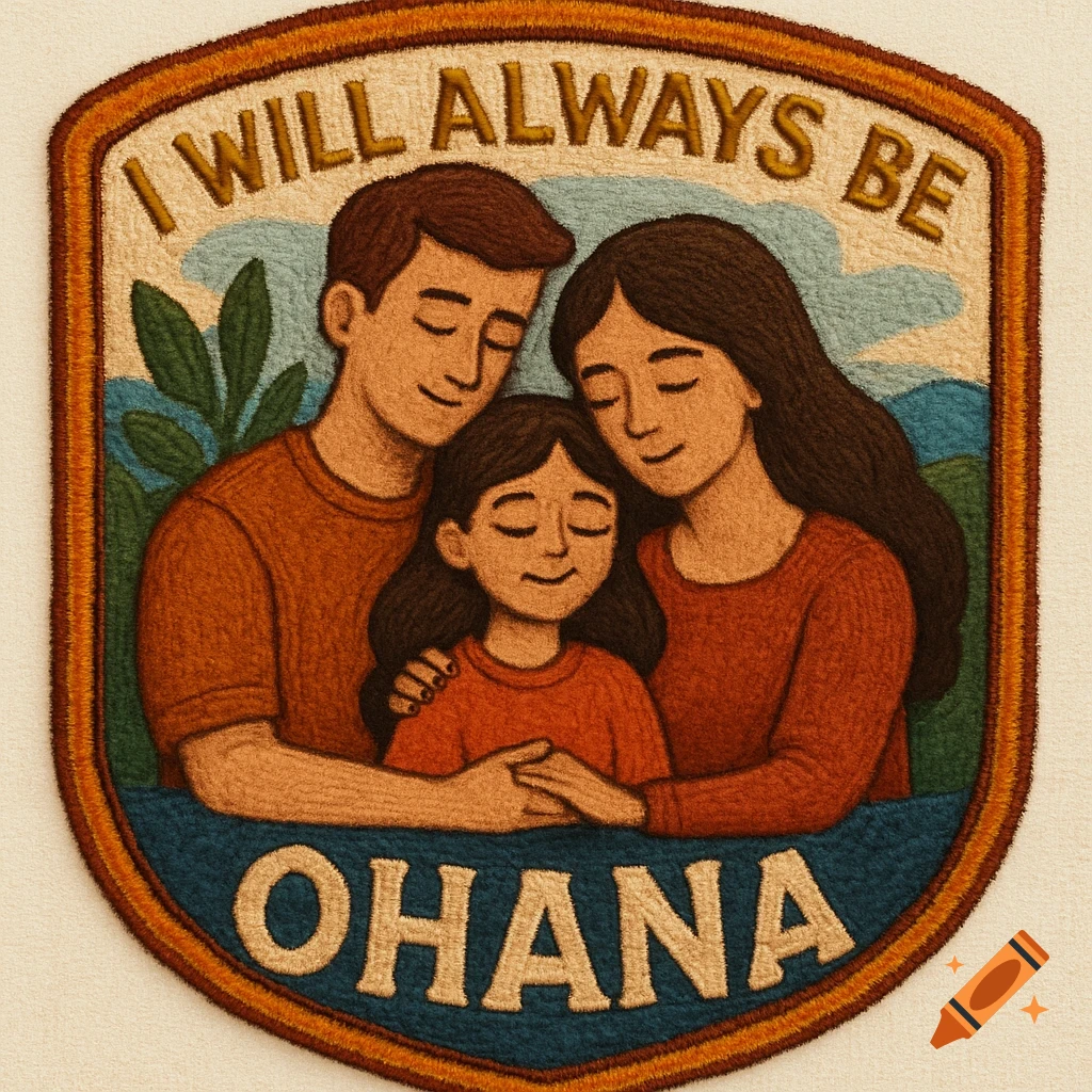 Patch design of a family embracing with text, in an embroidery style.