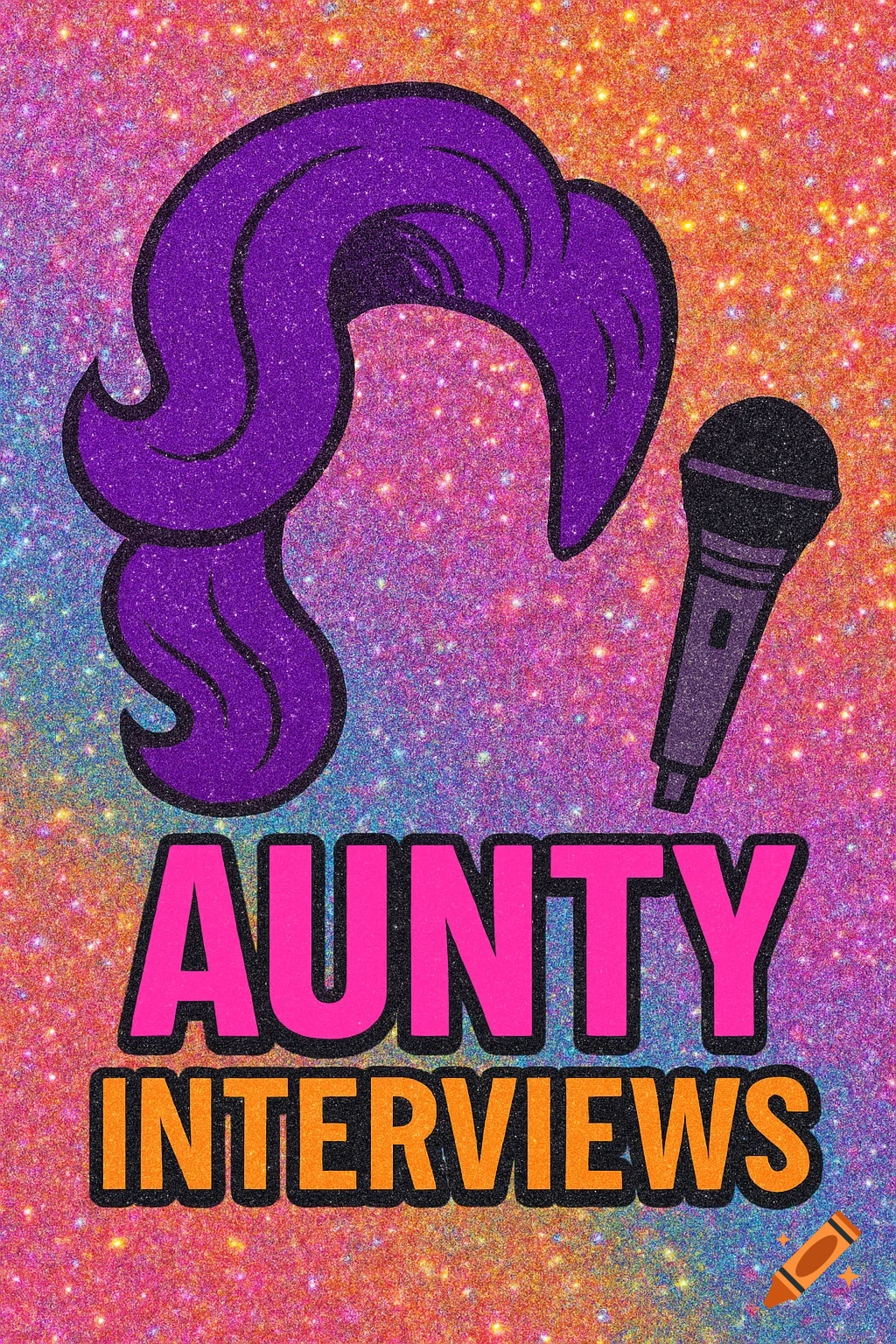 Stylized illustration of a purple wig and microphone on a colorful glitter background, with the text 'AUNTY INTERVIEWS'.
