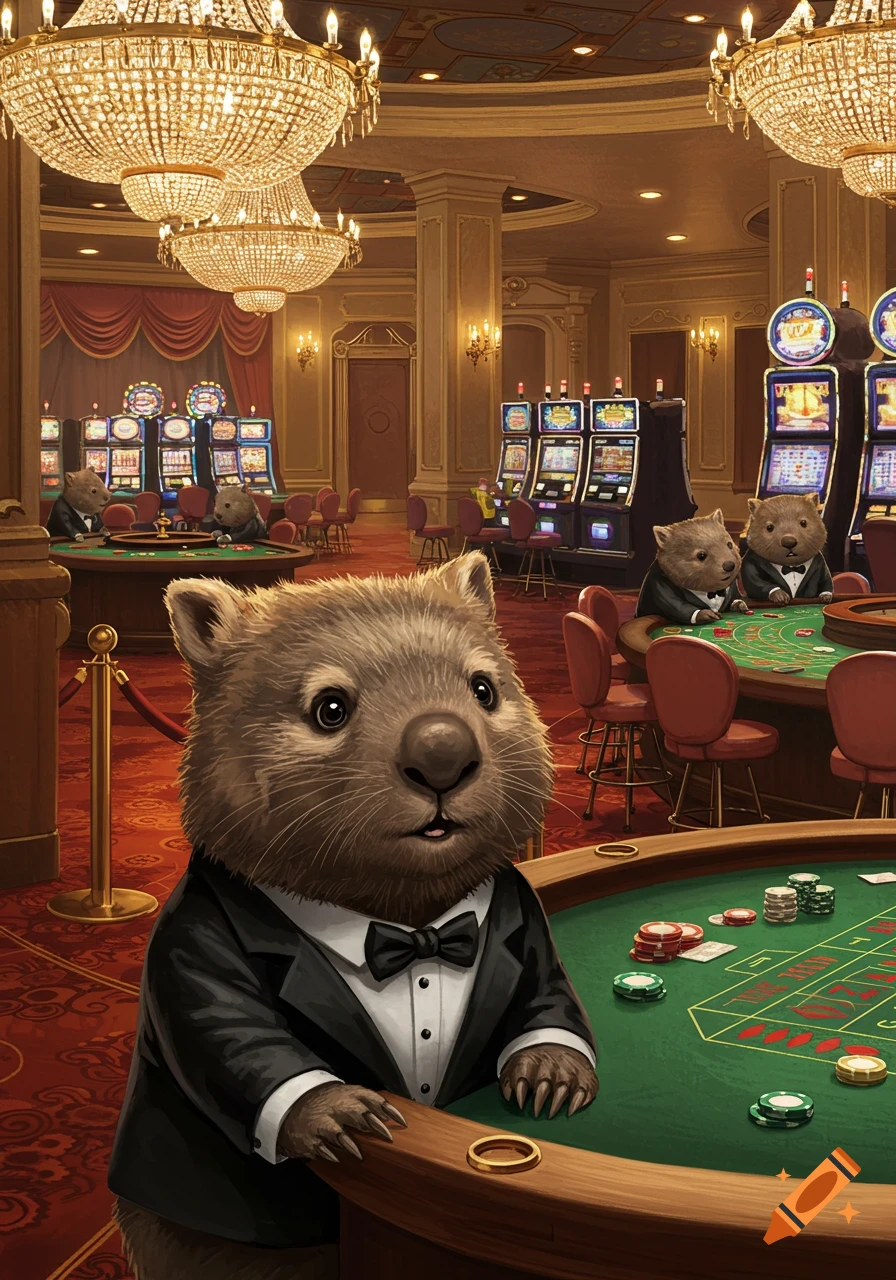A wombat in a tuxedo stands at a casino table with chips and other wombats.