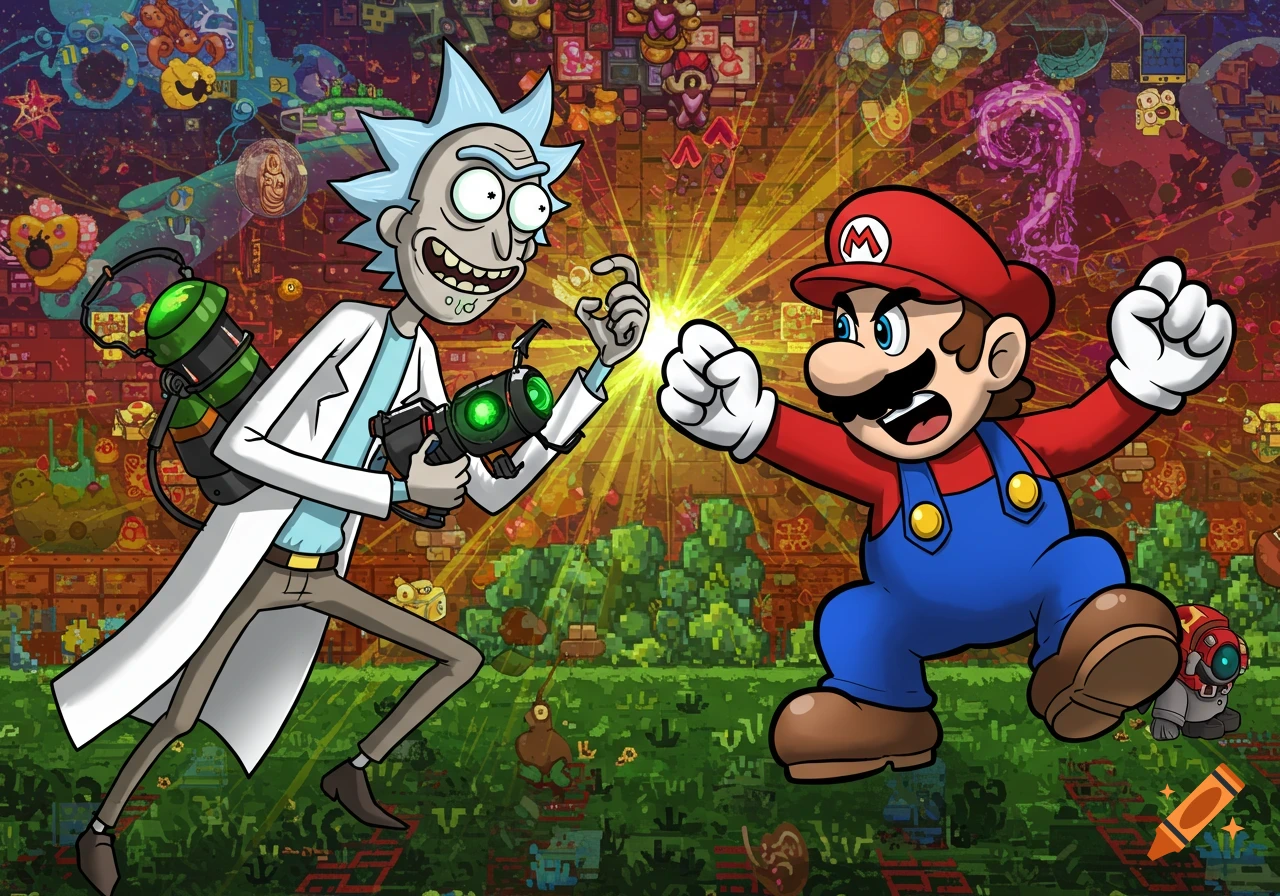 Cartoon of Rick Sanchez facing off against Mario in a chaotic pixelated video game level.