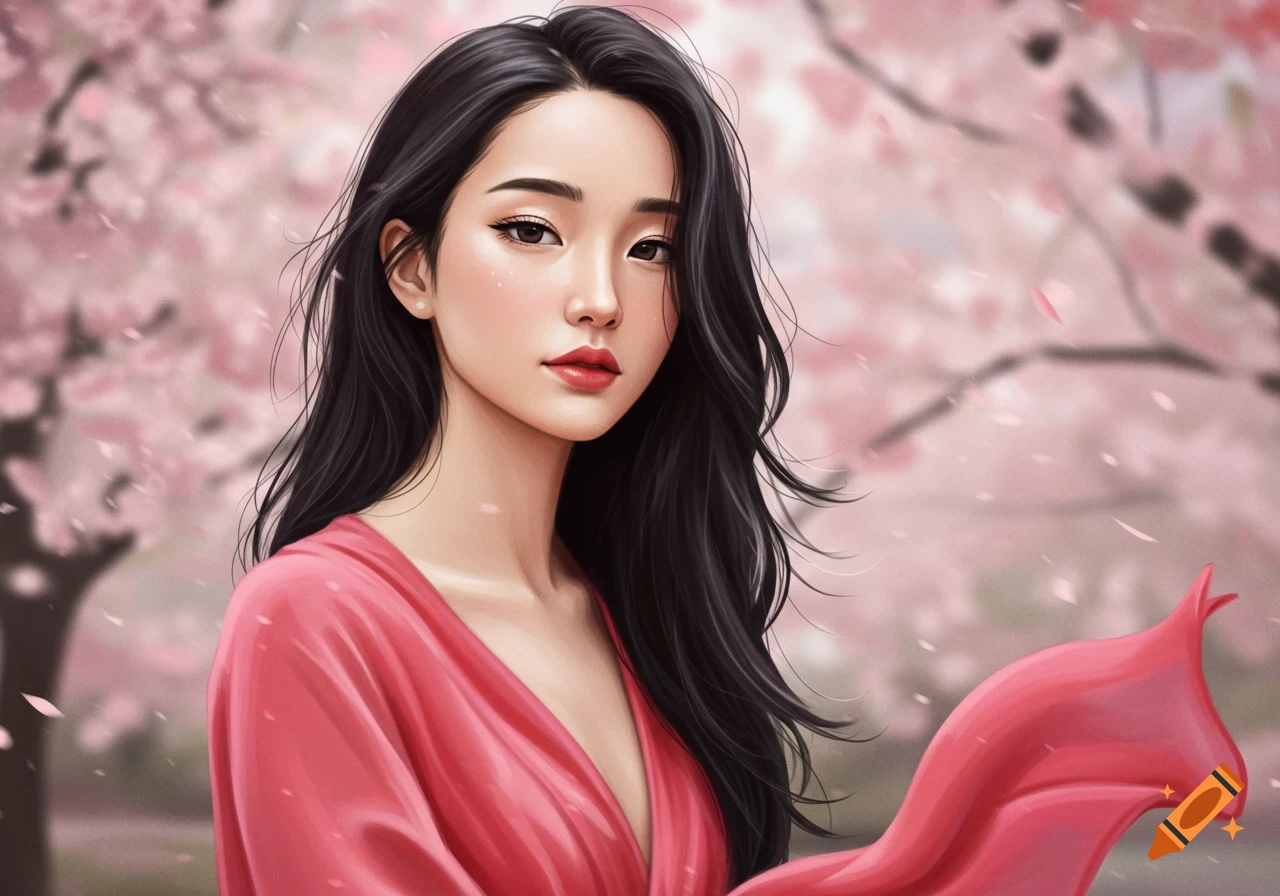 An illustration of a woman in a pink dress standing among cherry blossoms.