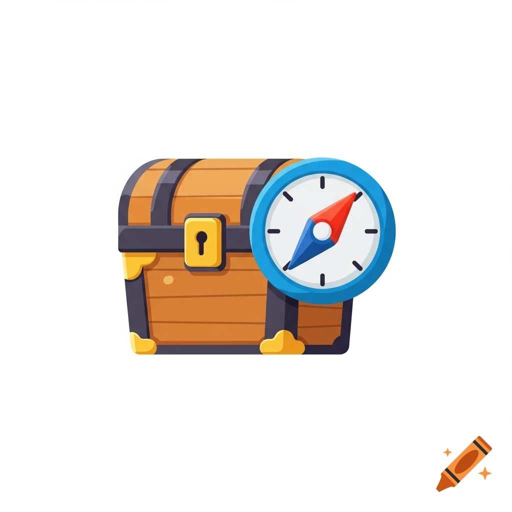 A cartoon icon of a treasure chest with a compass in front.