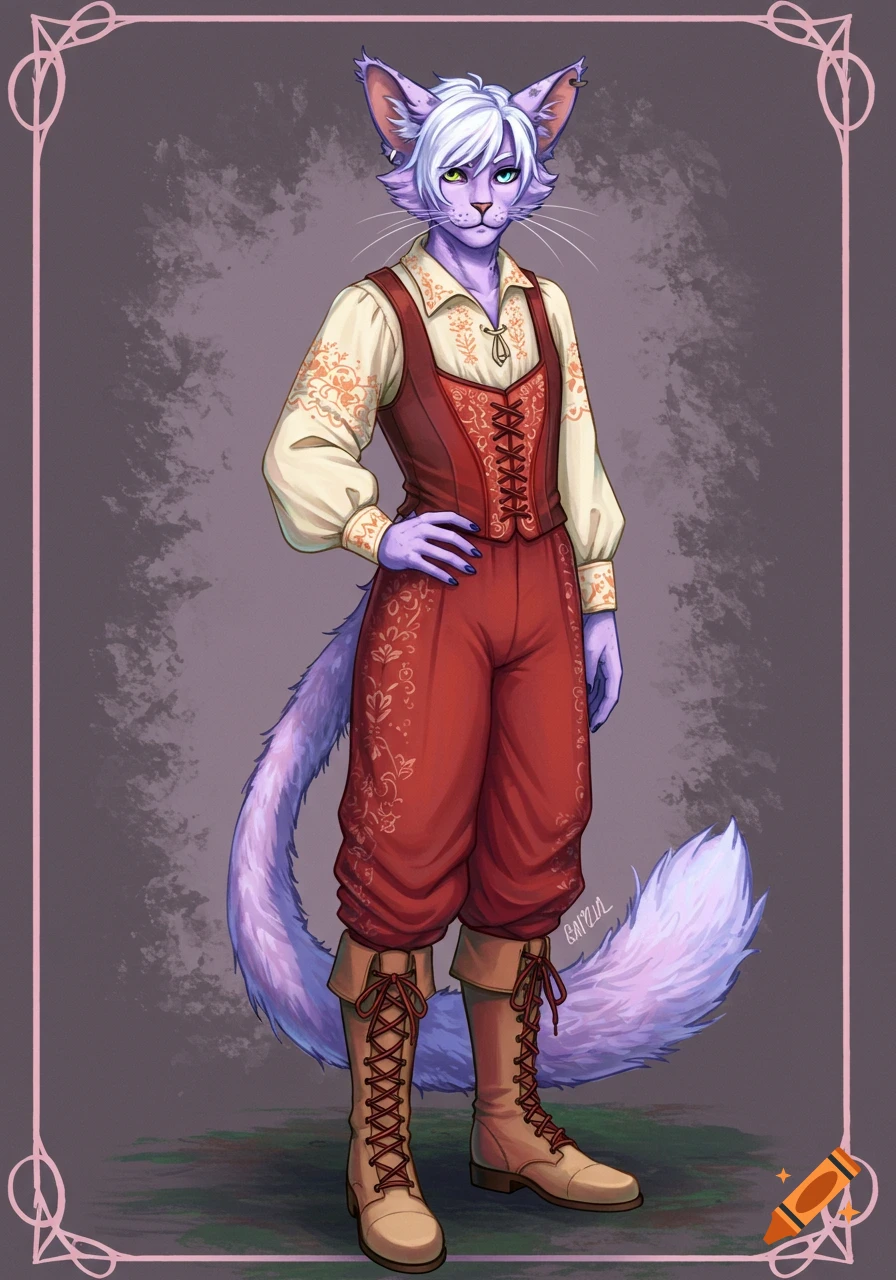 An anthropomorphic purple cat character in a fantasy outfit.