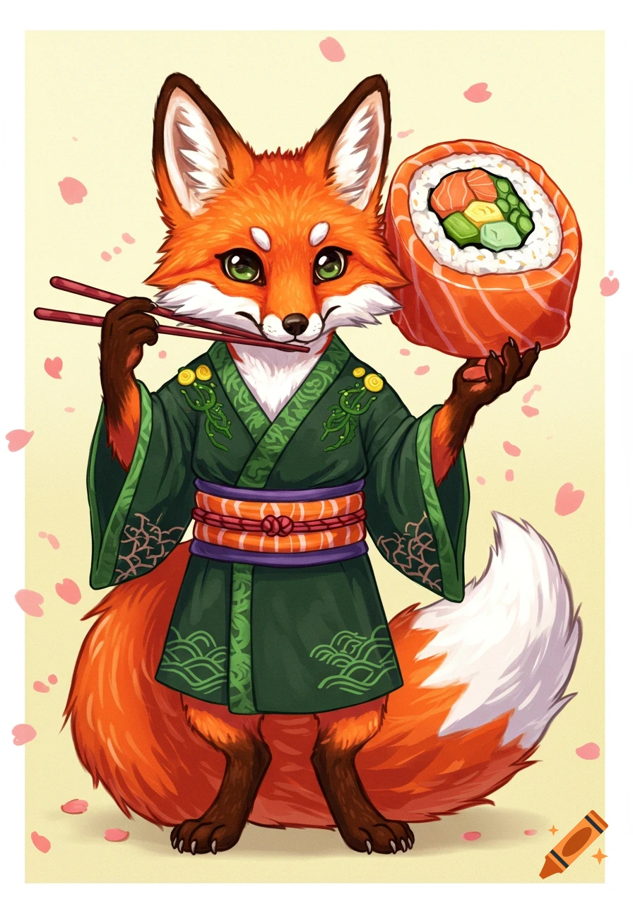Illustration of an anthropomorphic fox wearing a kimono, holding a large sushi roll and chopsticks.
