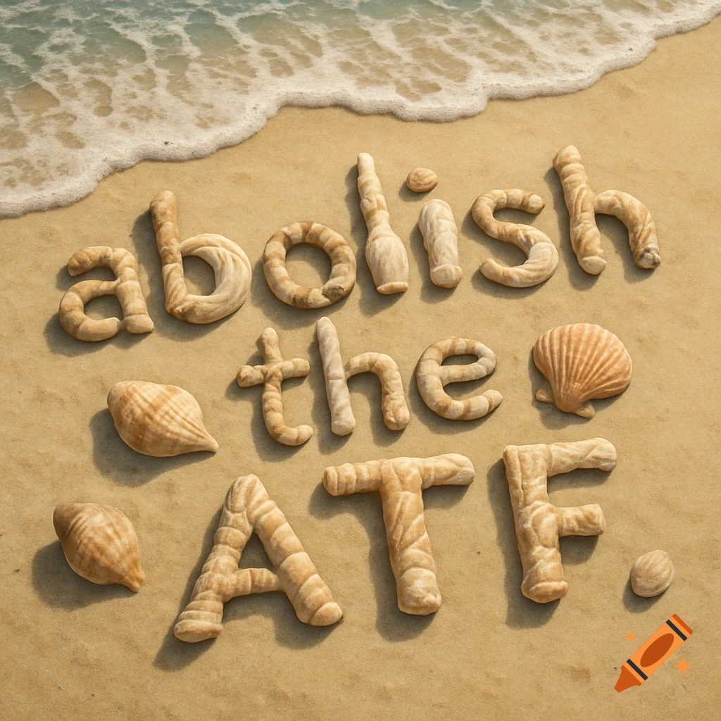 Letters spelling 'abolish the ATF' made of sand and seashells on a beach.