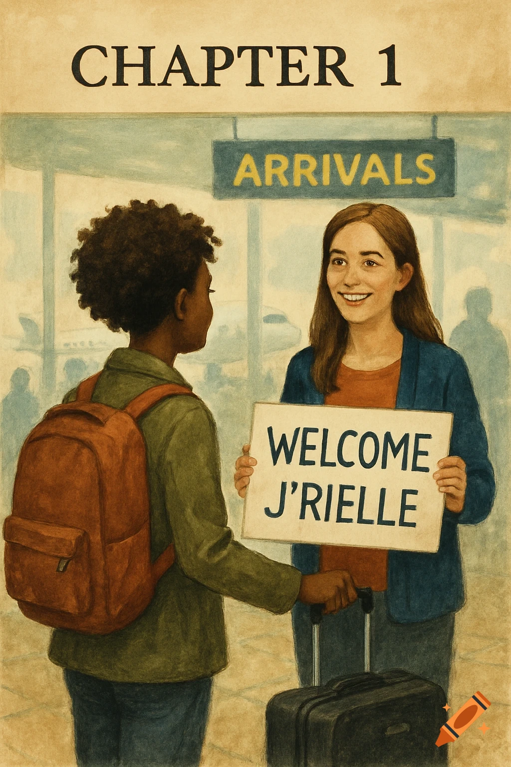 A watercolor illustration shows two people at an airport, one holding a sign saying "WELCOME J'RIELLE".