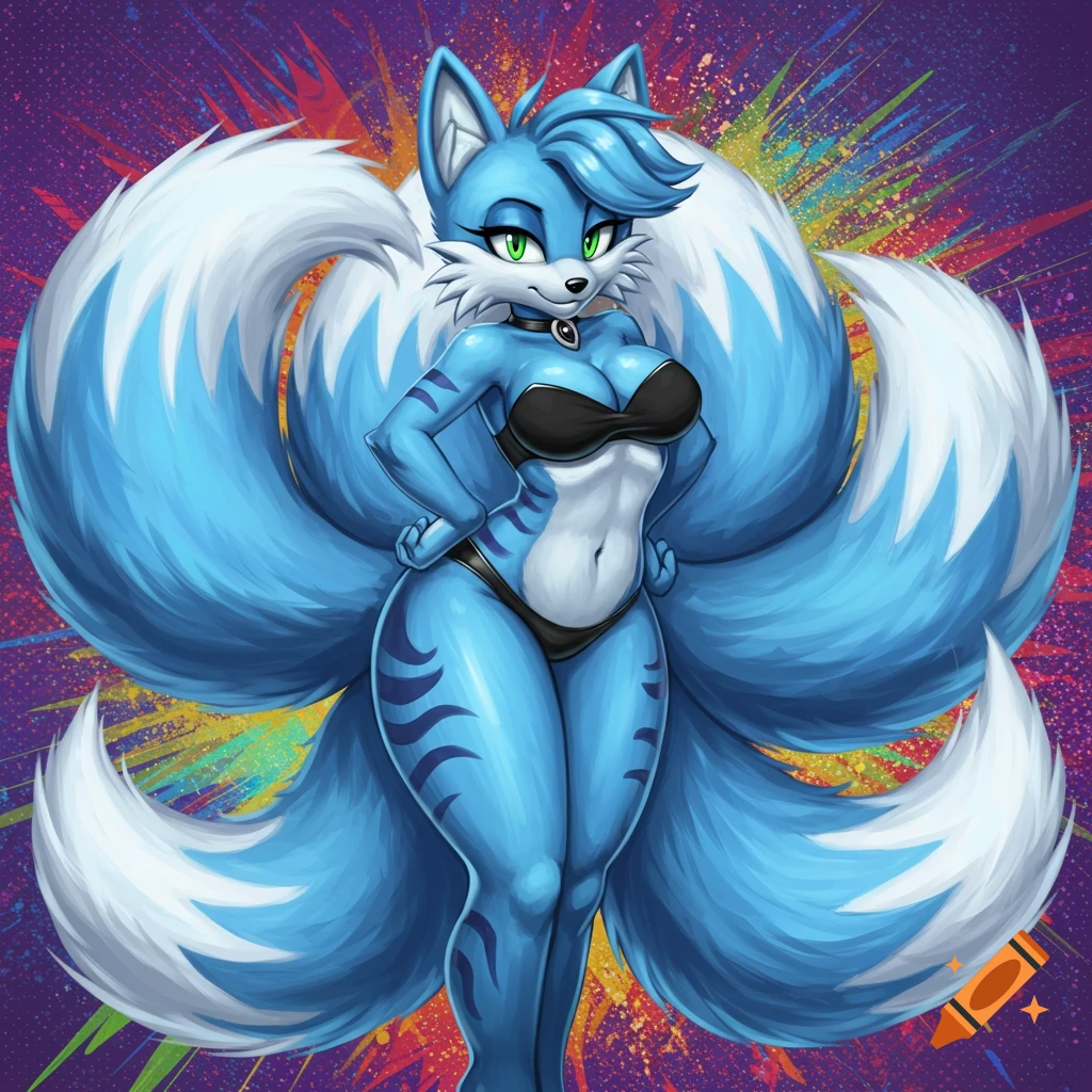 Blue furry character wearing a bikini with multiple tails against a colorful splatter background.