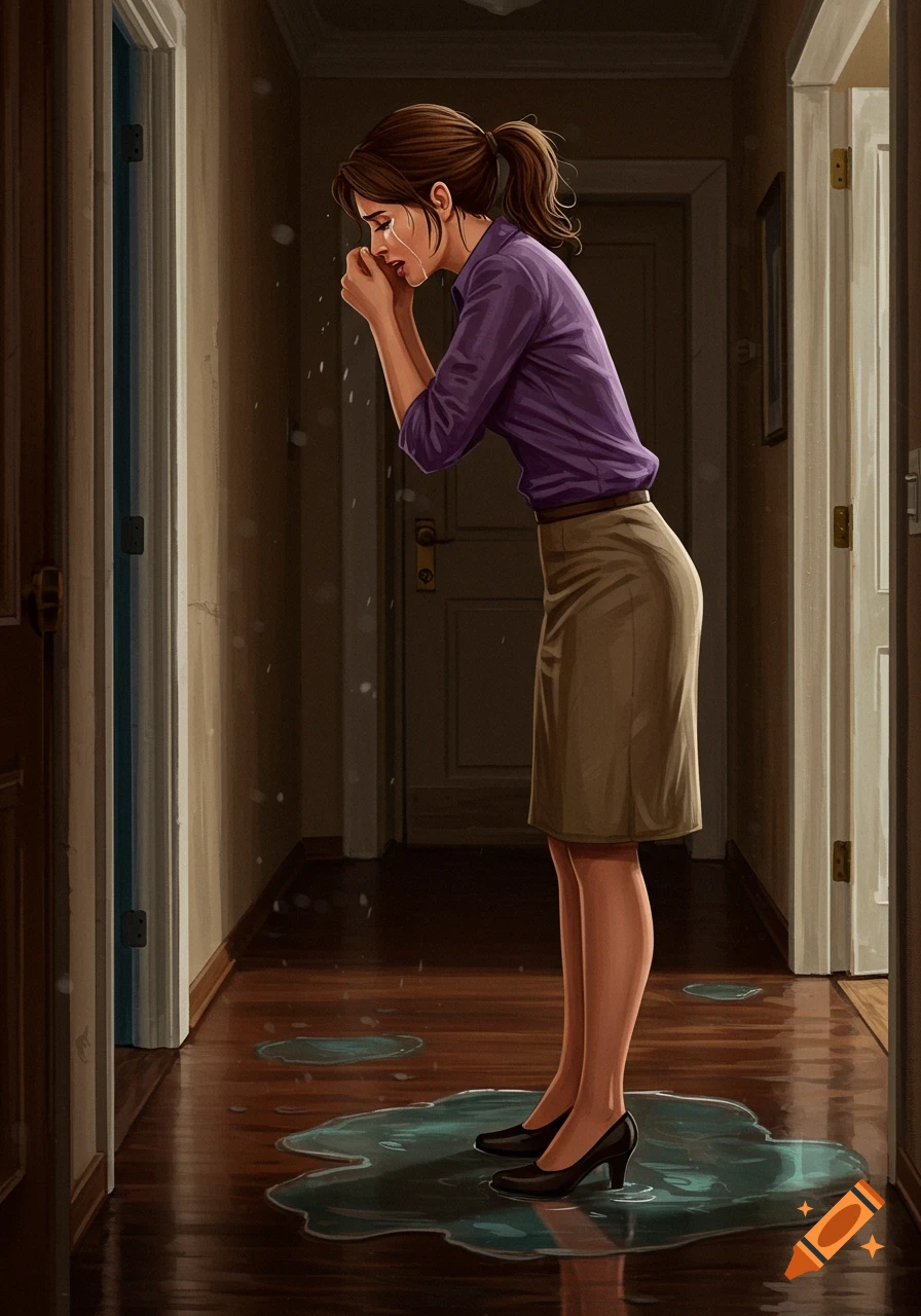 Illustration of a woman crying in a hallway with puddles on the floor.