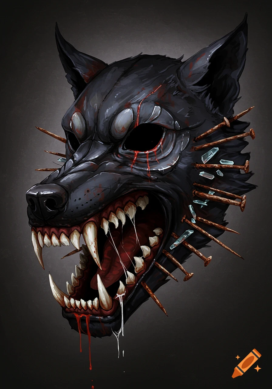 A dark wolf mask with sharp teeth, nails, broken glass, and dripping blood.