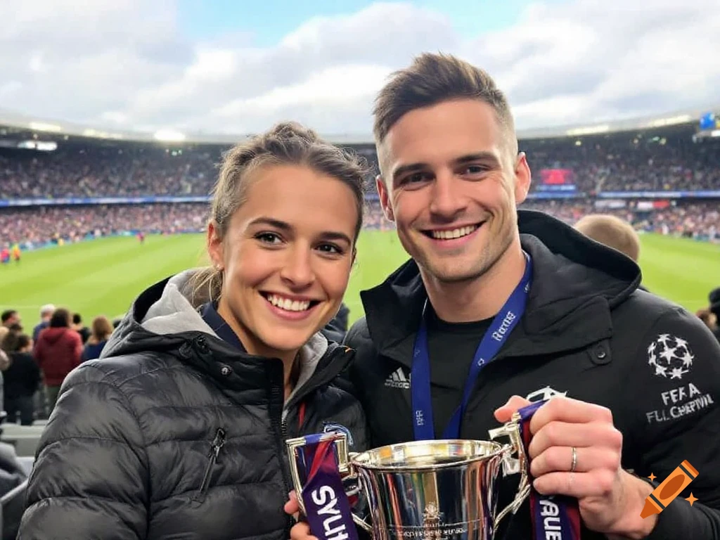 Two smiling people hold a silver trophy at a stadium.