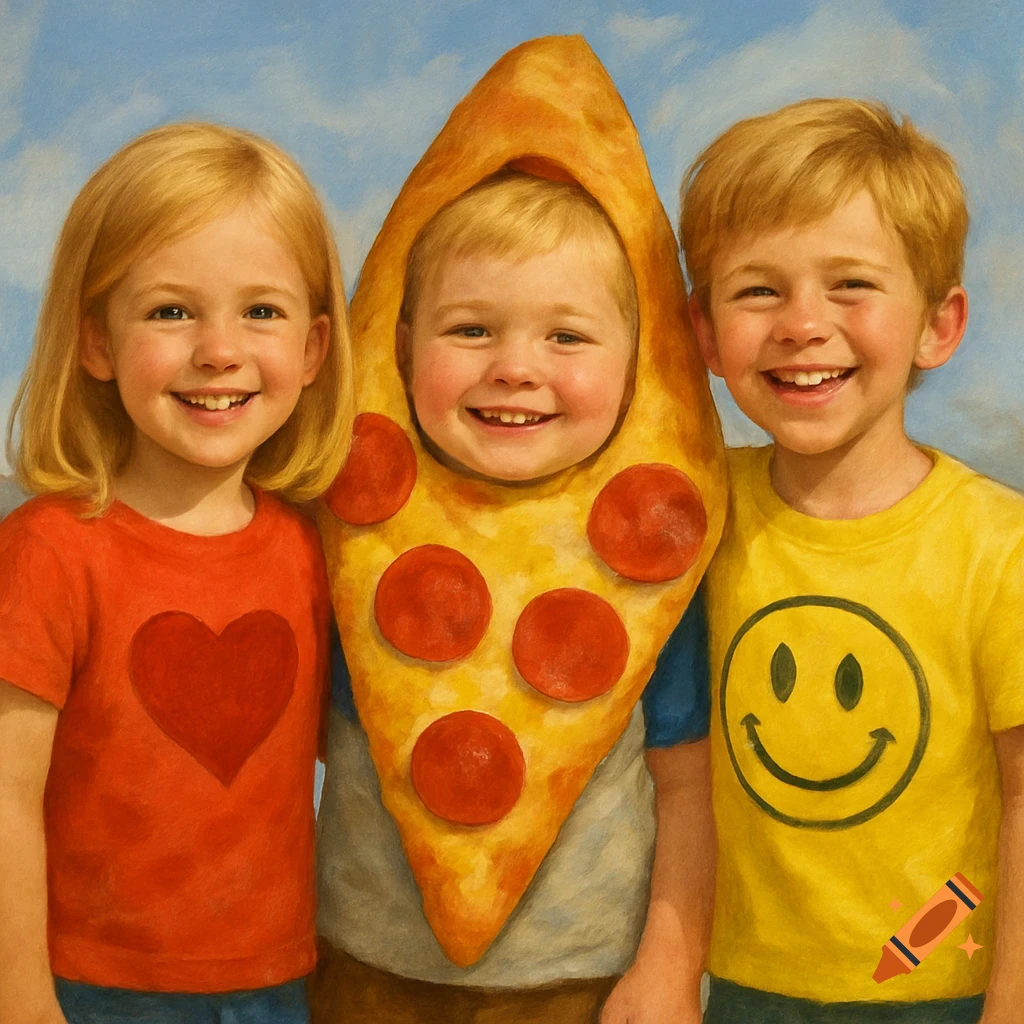 Three smiling children pose together; one wears a pizza slice costume, one a red heart shirt, and one a yellow smiley face shirt.
