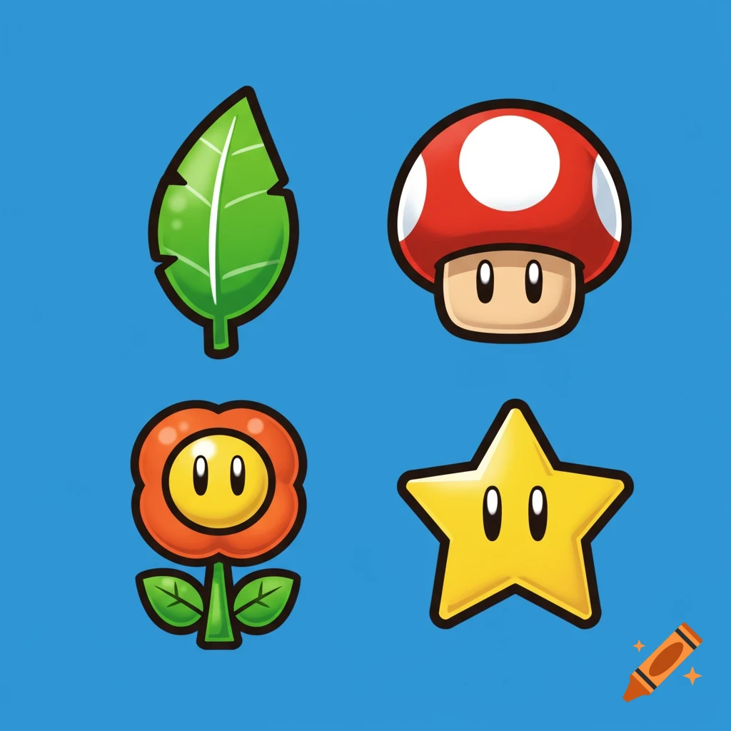Four Super Mario Bros. power-up icons on a blue background: a leaf, mushroom, flower, and star.