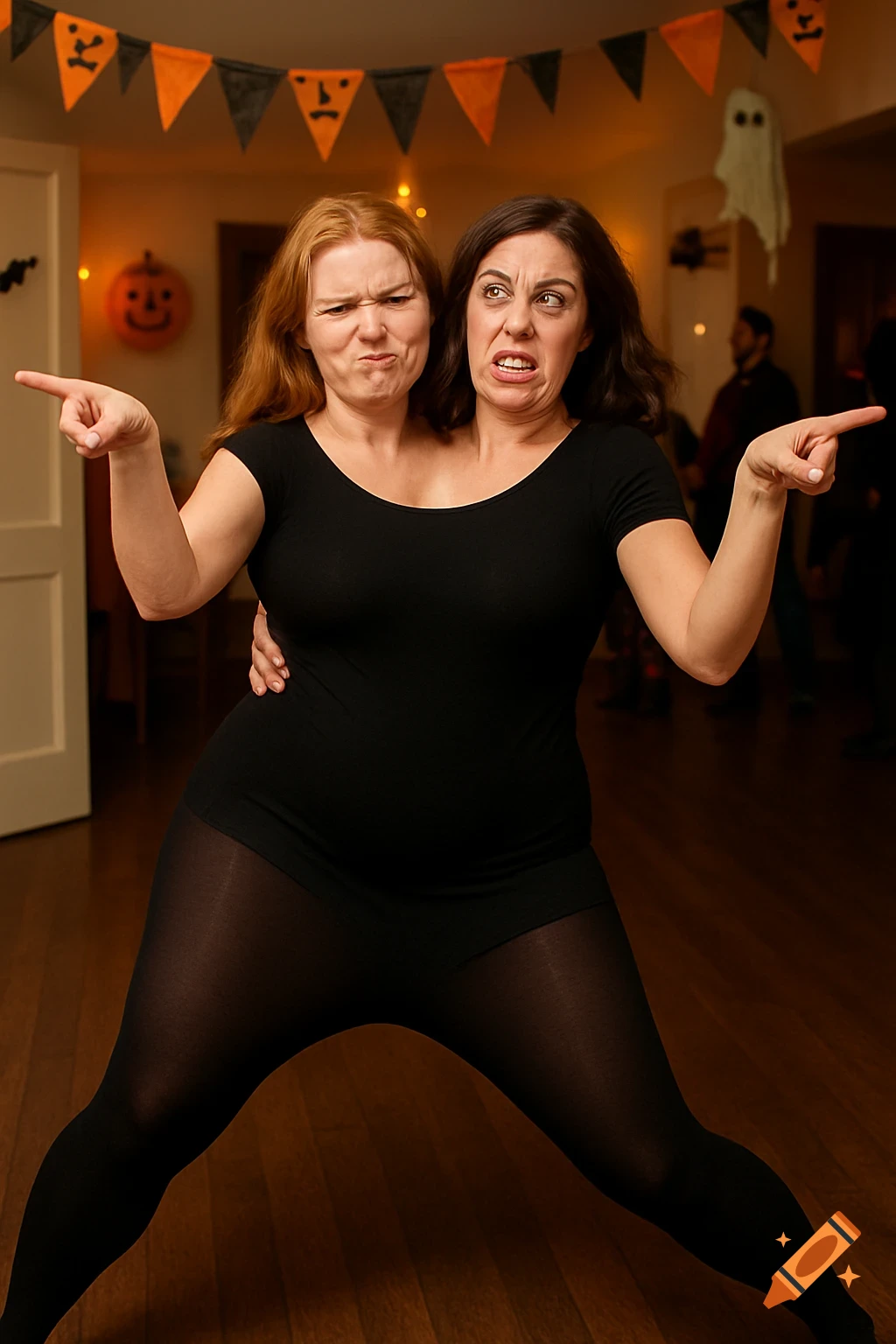 Two women in a two-headed illusion costume at a Halloween party, pointing in opposite directions.