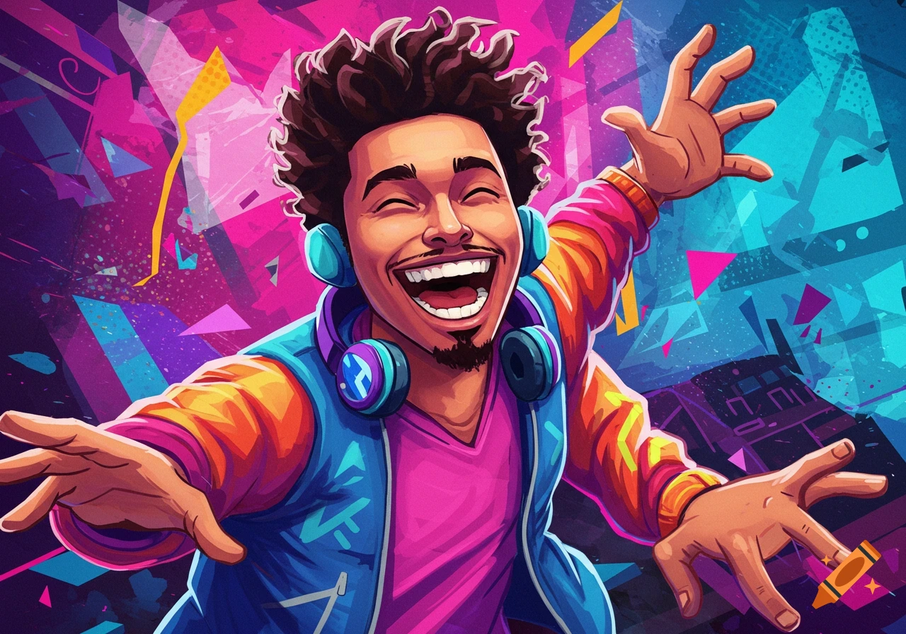 Vibrant illustration of a person wearing headphones, smiling with arms wide open.