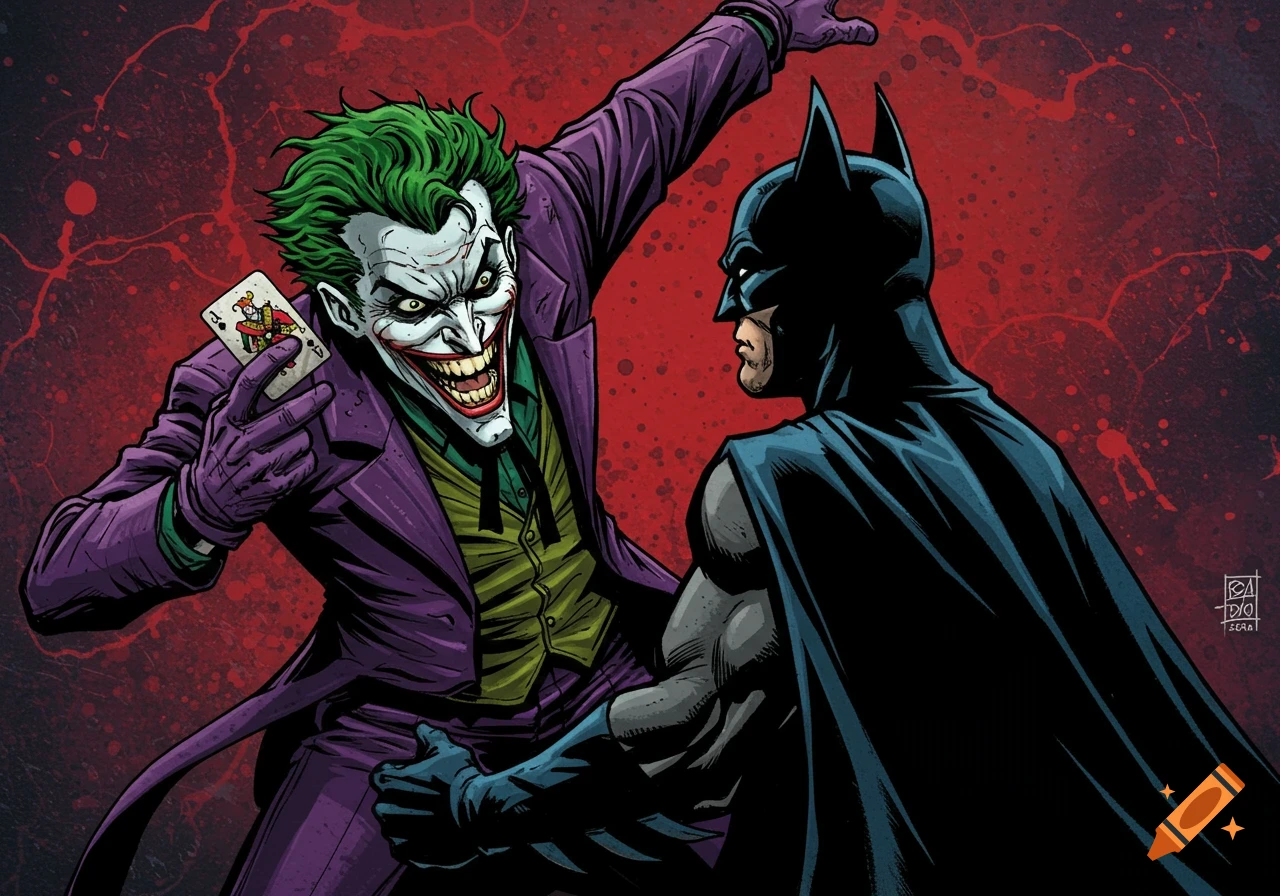 Comic book illustration of the Joker holding a playing card and laughing at Batman.