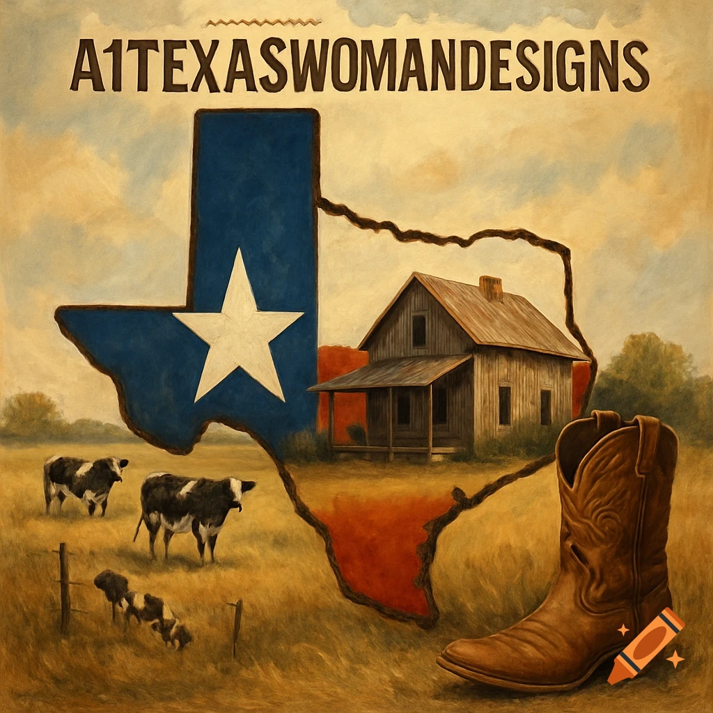 Painting of a Texas map with a farmhouse and cows inside, a cowboy boot in the foreground, and text overhead.
