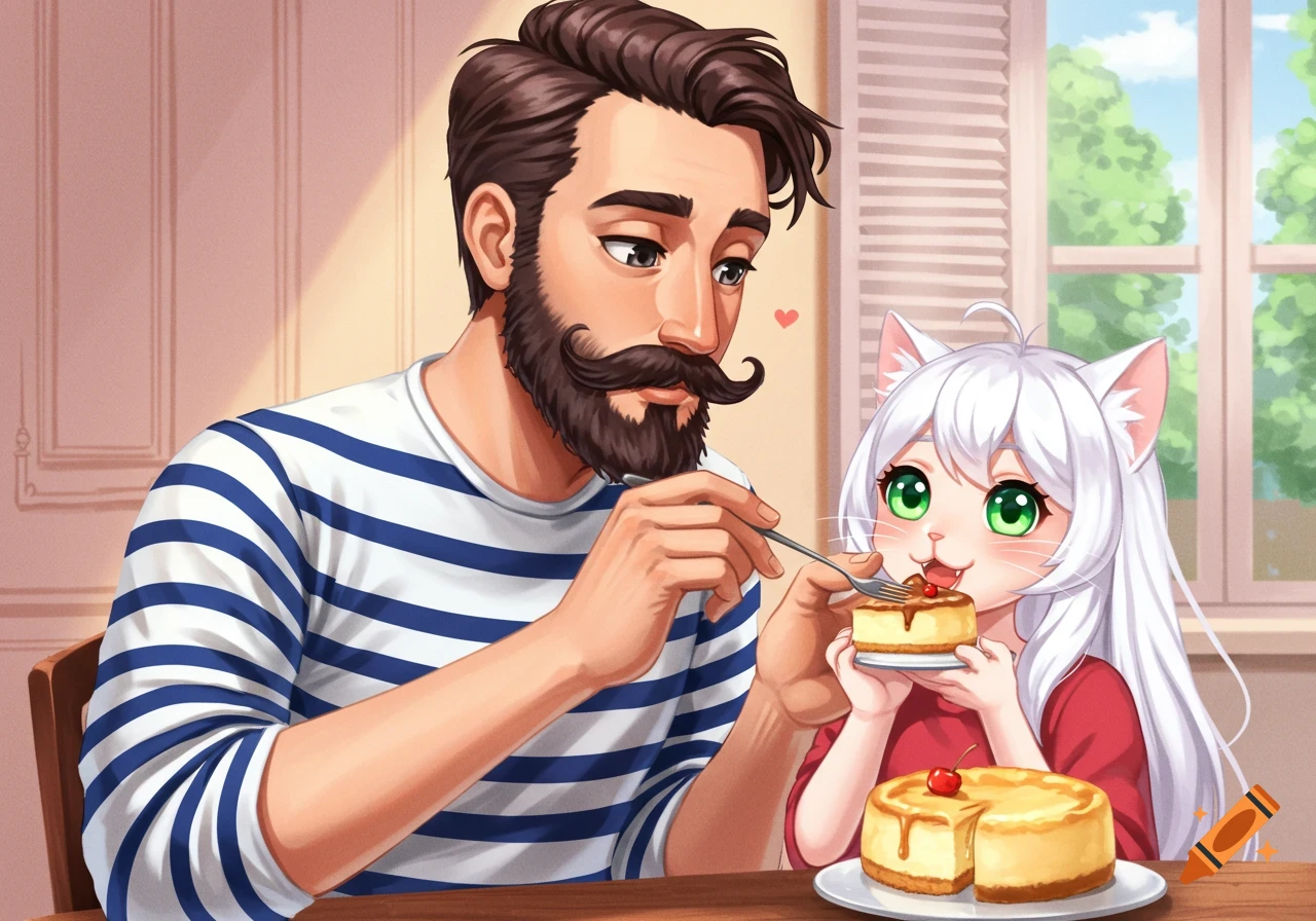 Anime style illustration of a man feeding cheesecake to a catgirl