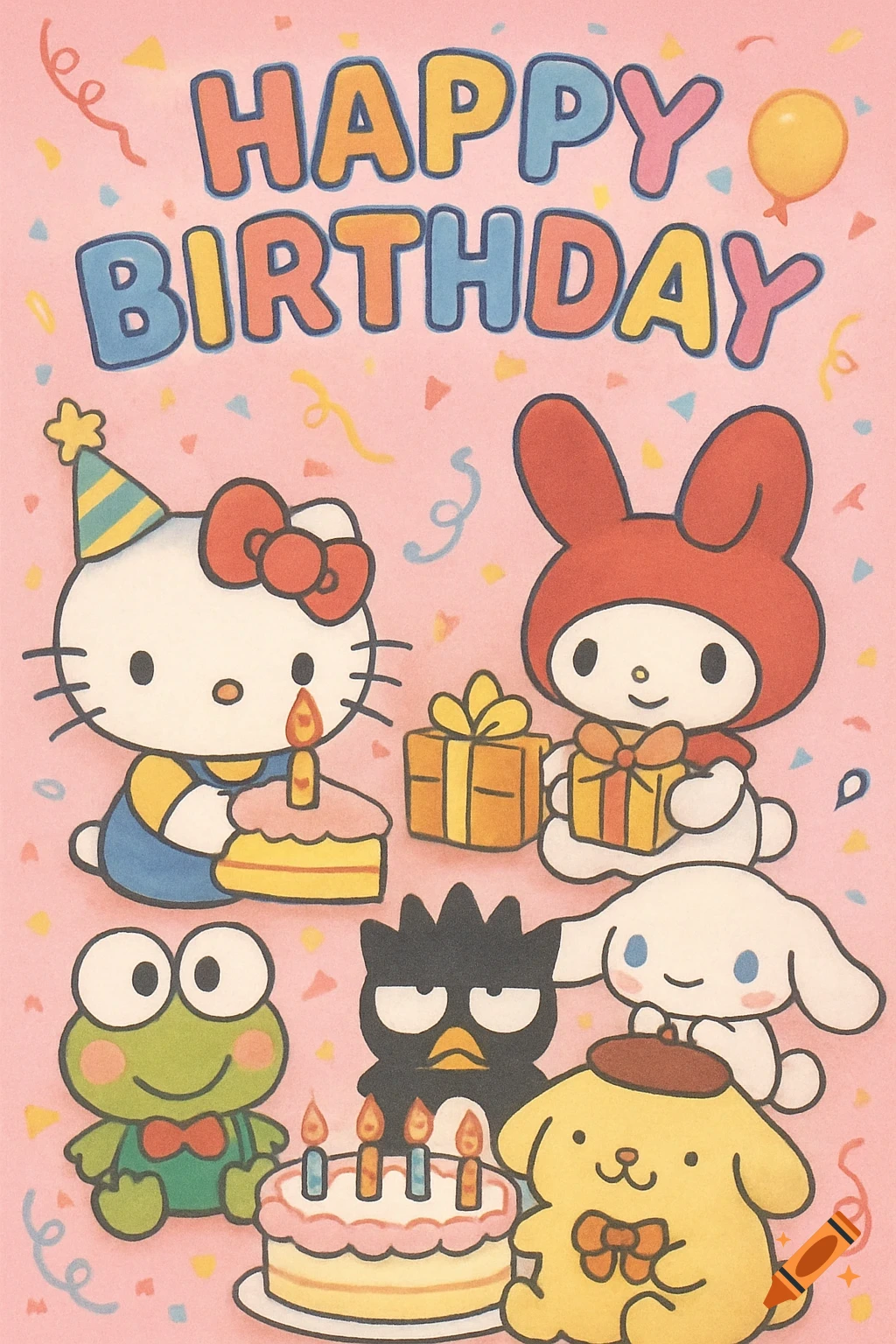Sanrio characters celebrate a birthday with cakes, presents, and "Happy Birthday" text.