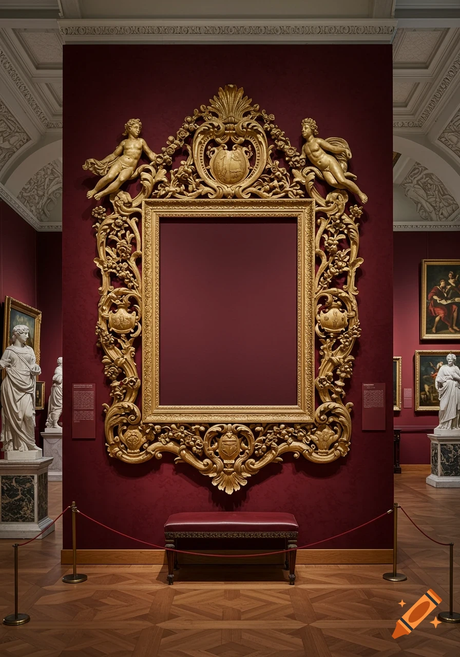 An ornate gold frame on a deep red wall in a museum