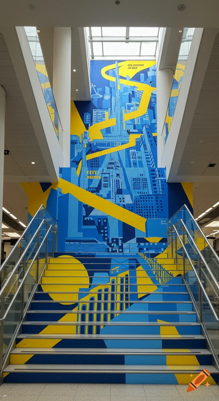 Large blue and yellow geometric mural of a cityscape on a wall and stairwell.
