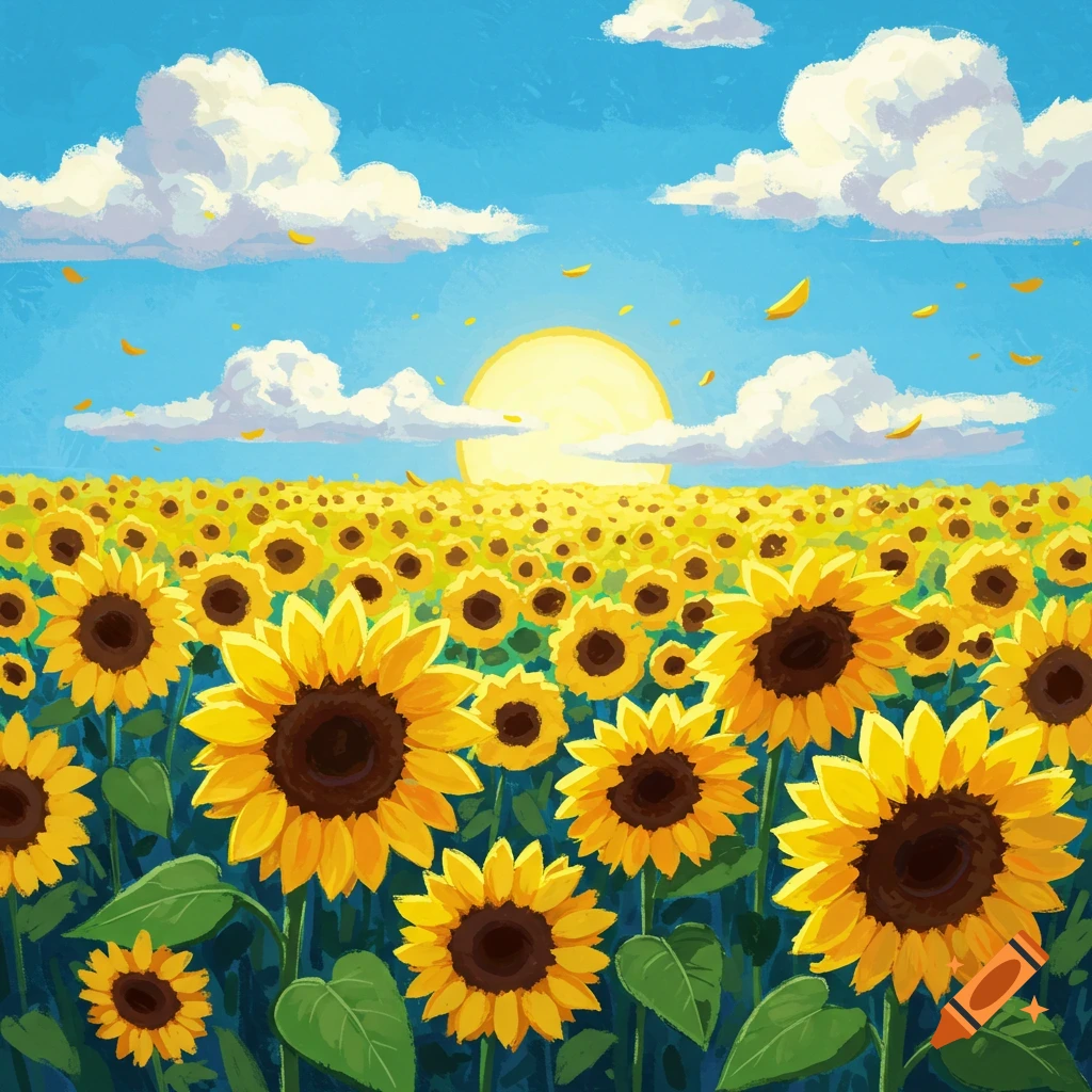Painterly illustration of a field of bright yellow sunflowers under a sunny blue sky with clouds.