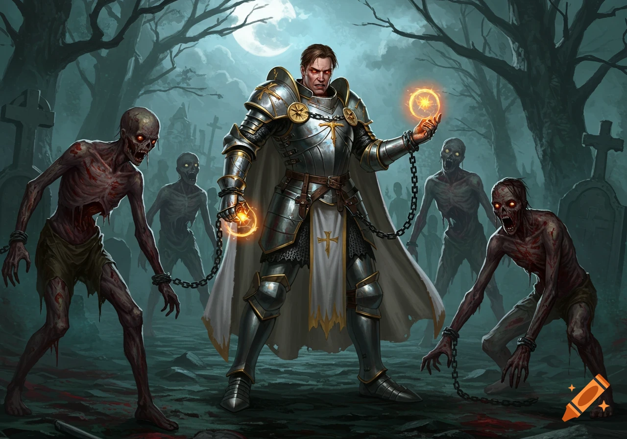 A paladin in shining armor holds glowing orbs, standing in a graveyard surrounded by chained zombies under a full moon.