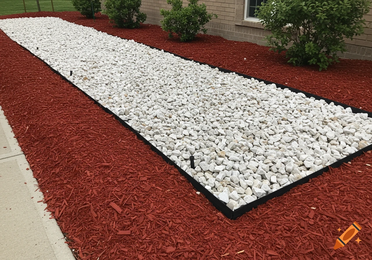 Landscaping design with a rectangular area of white rocks bordered by red mulch.