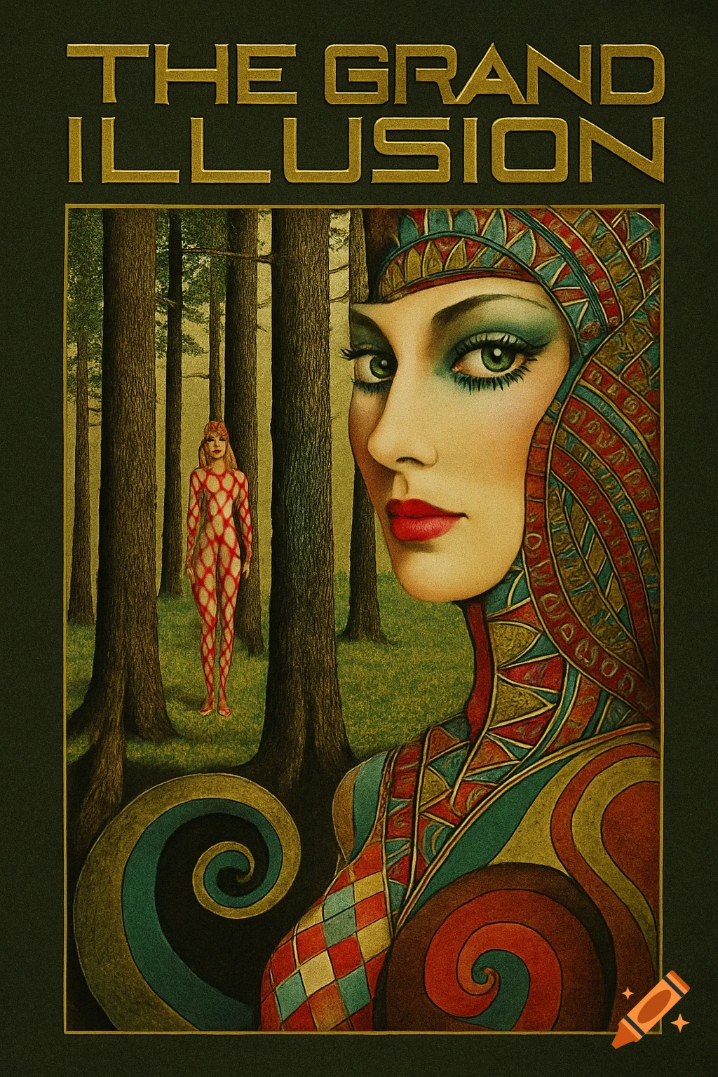 Artistic rendering of two women, one in a forest and another in the foreground with elaborate attire, with text "THE GRAND ILLUSION".