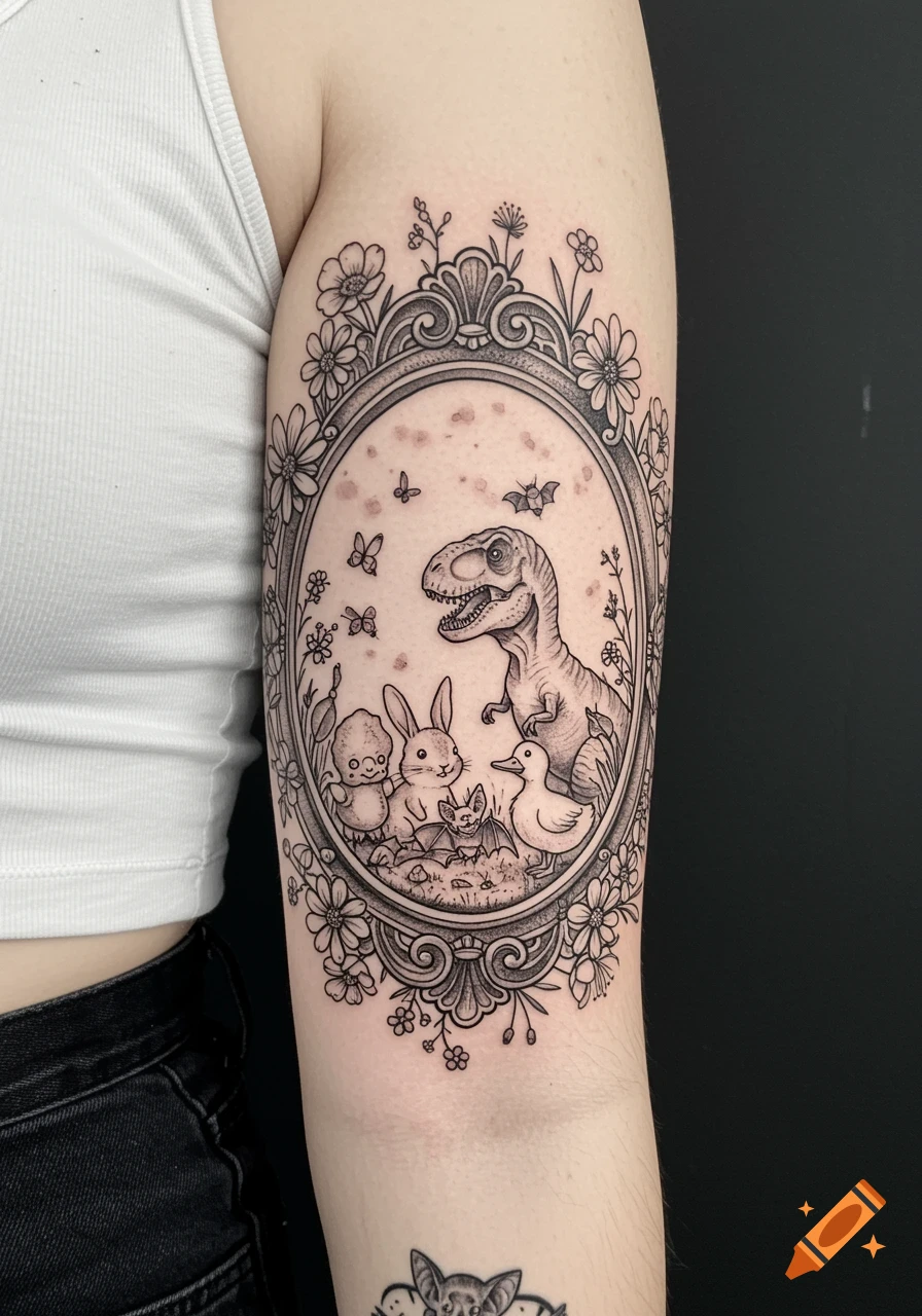 Black and grey line drawing tattoo of a T-Rex, bunny, duck, and bat inside an ornate floral oval frame on a person's arm.