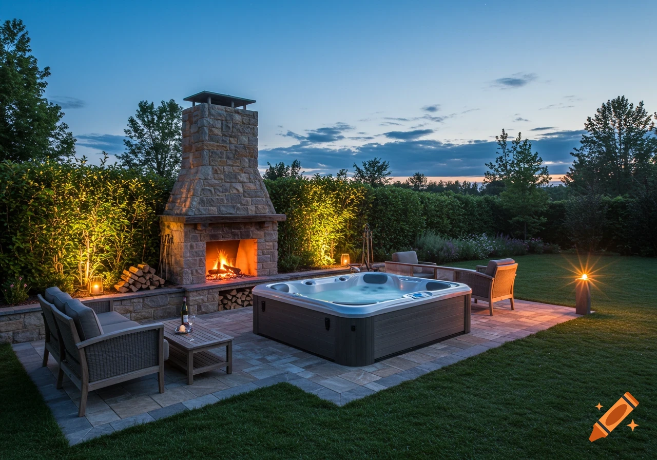 Outdoor patio with a lit fireplace, hot tub, and furniture at dusk.