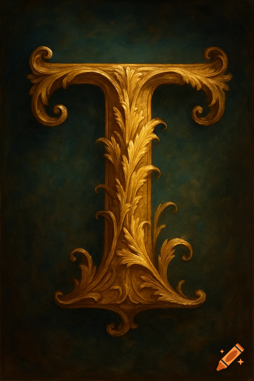 A ornate, golden letter T in a baroque or rococo style, against a dark green background.