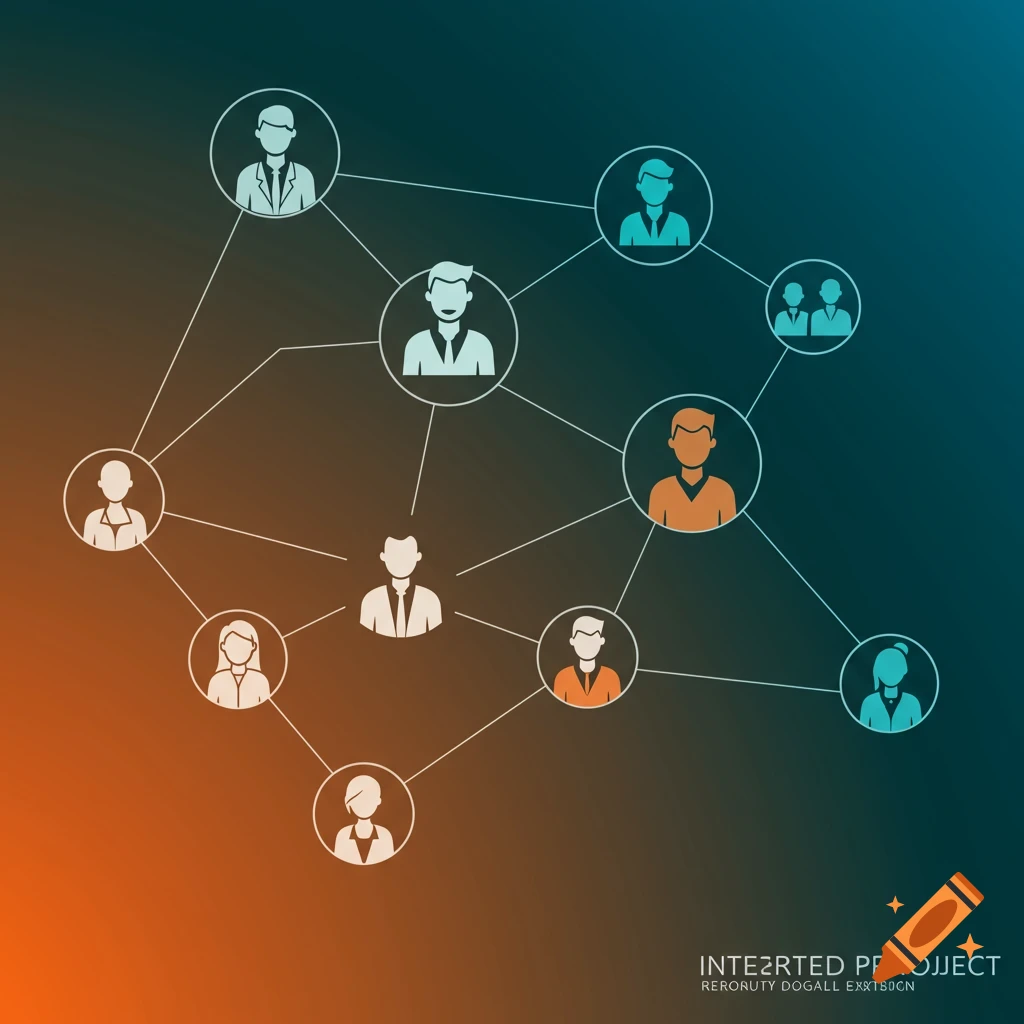 Stylized network diagram of connected people icons on an orange and blue gradient background.