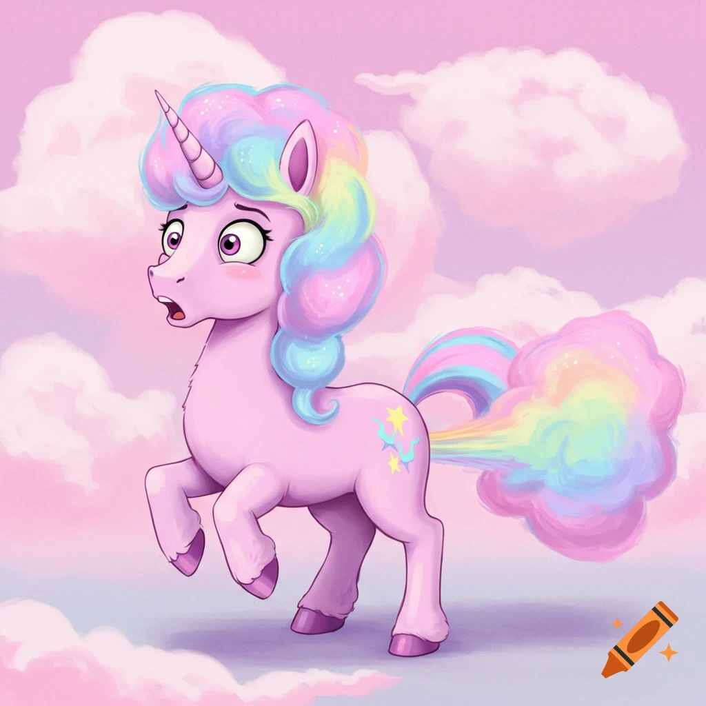 A pink cartoon unicorn with rainbow mane farts a rainbow cloud in a pink sky.
