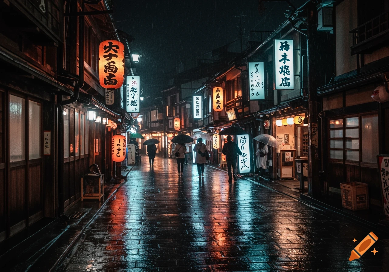 A rainy night scene on a Japanese street lined with traditional buildings and lanterns, with people walking under umbrellas.