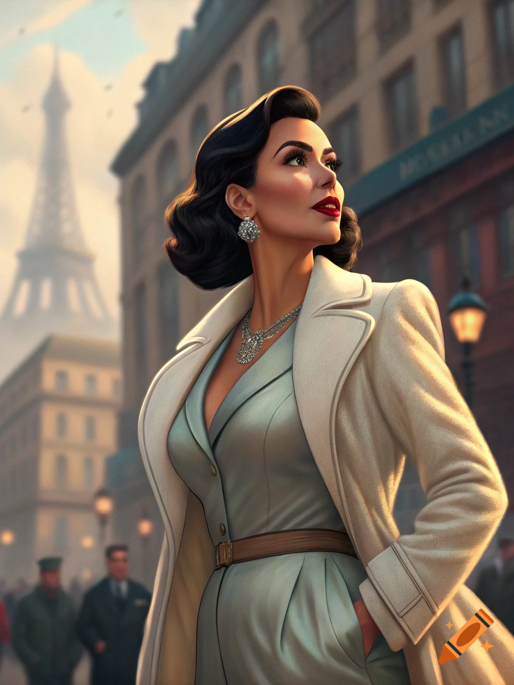 Glamorous woman in a coat standing in front of the Eiffel Tower in Paris.