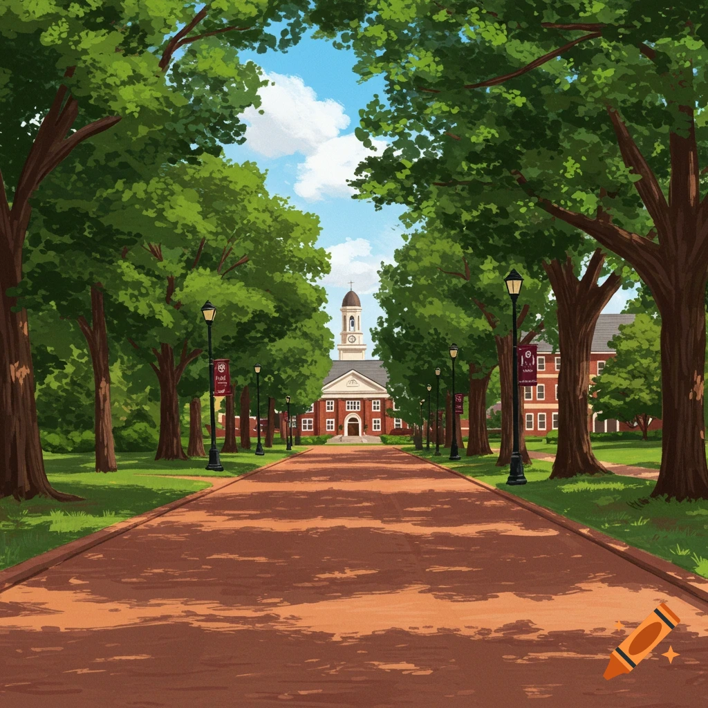 Illustrated view of a tree-lined path leading to a college building with a clock tower.