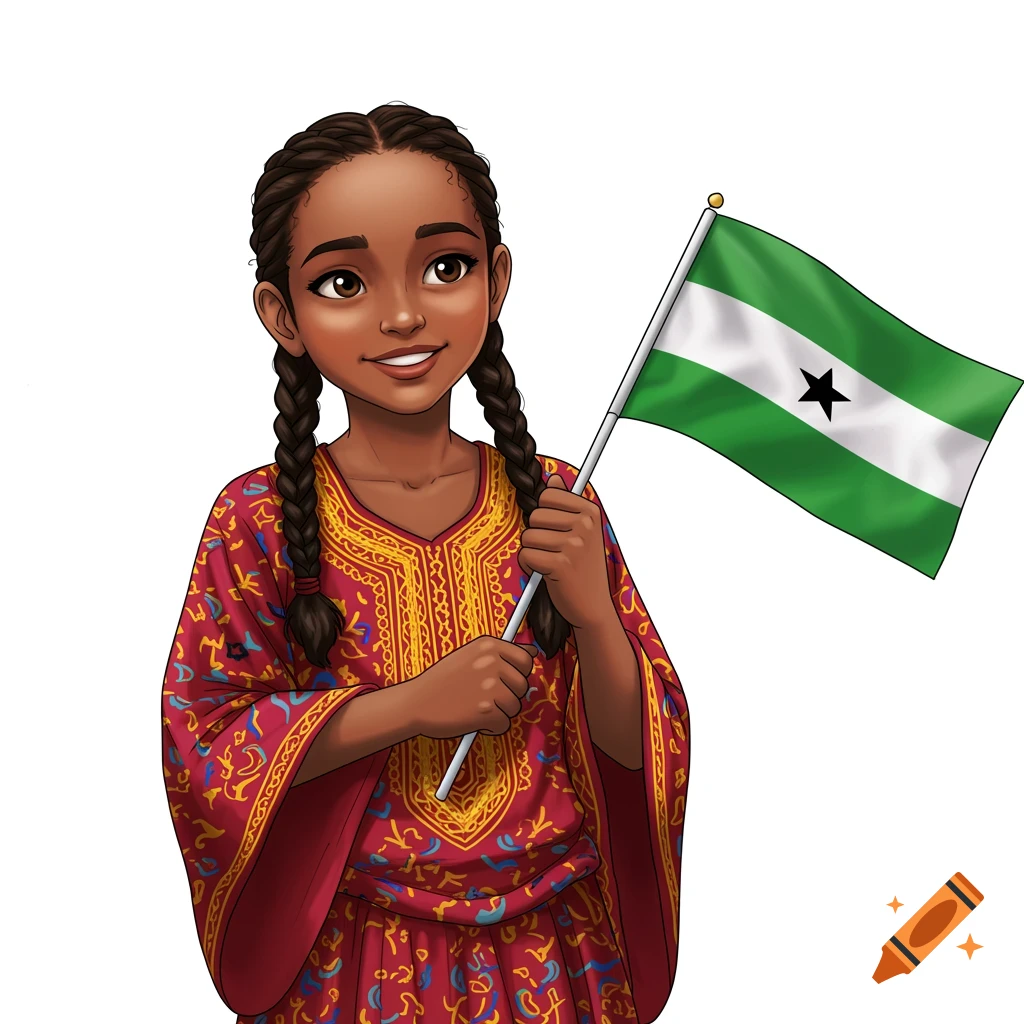 Illustration of a young girl in traditional clothing holding a flag.
