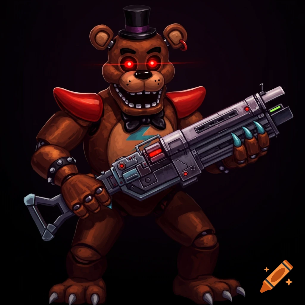 Freddy Fazbear robot holding a futuristic weapon against a dark background.